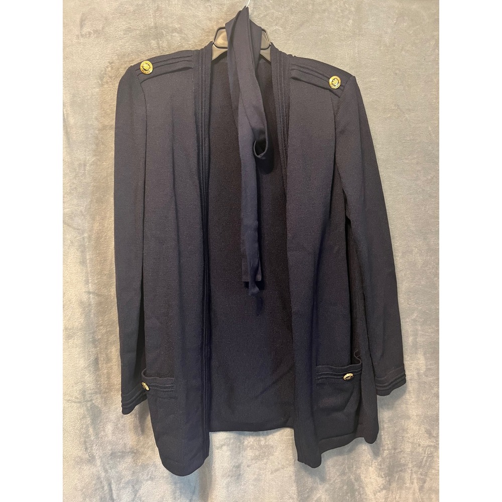 Vintage St John Navy Santana Knit Cardigan Shell Set Gold Button Sash Belt  16